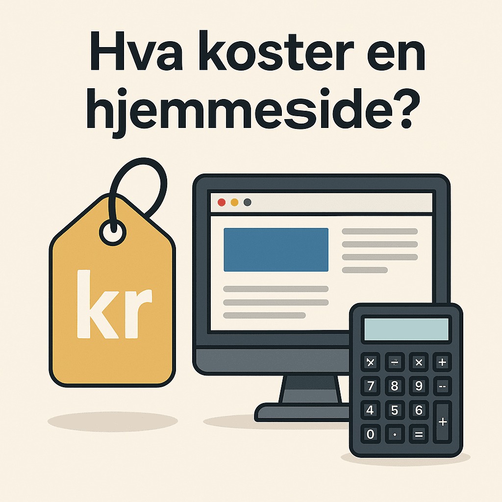 Illustrasjon som viser "Hva koster en hjemmeside pris?" med prislapp, skjerm og kalkulator – representerer pris på hjemmesider i 2025.