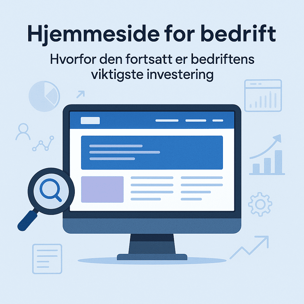 Grafisk illustrasjon av bedriftsnettside med teksten "Hjemmeside for bedrift – Hvorfor den fortsatt er bedriftens viktigste investering", omgitt av ikoner for analyse, synlighet og søk
